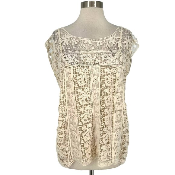 Kenar Tops - Kenar Crochet Overlay Sleeveless Blouse Cream Size Large